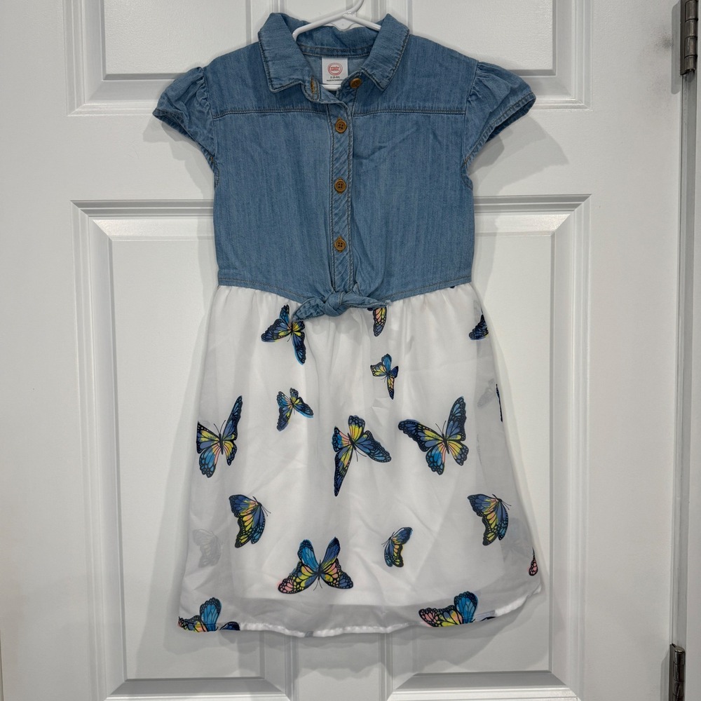 Wonder Nation Girls Denim Butterfly Print Tie Front Dress Blue White Size 6-6X